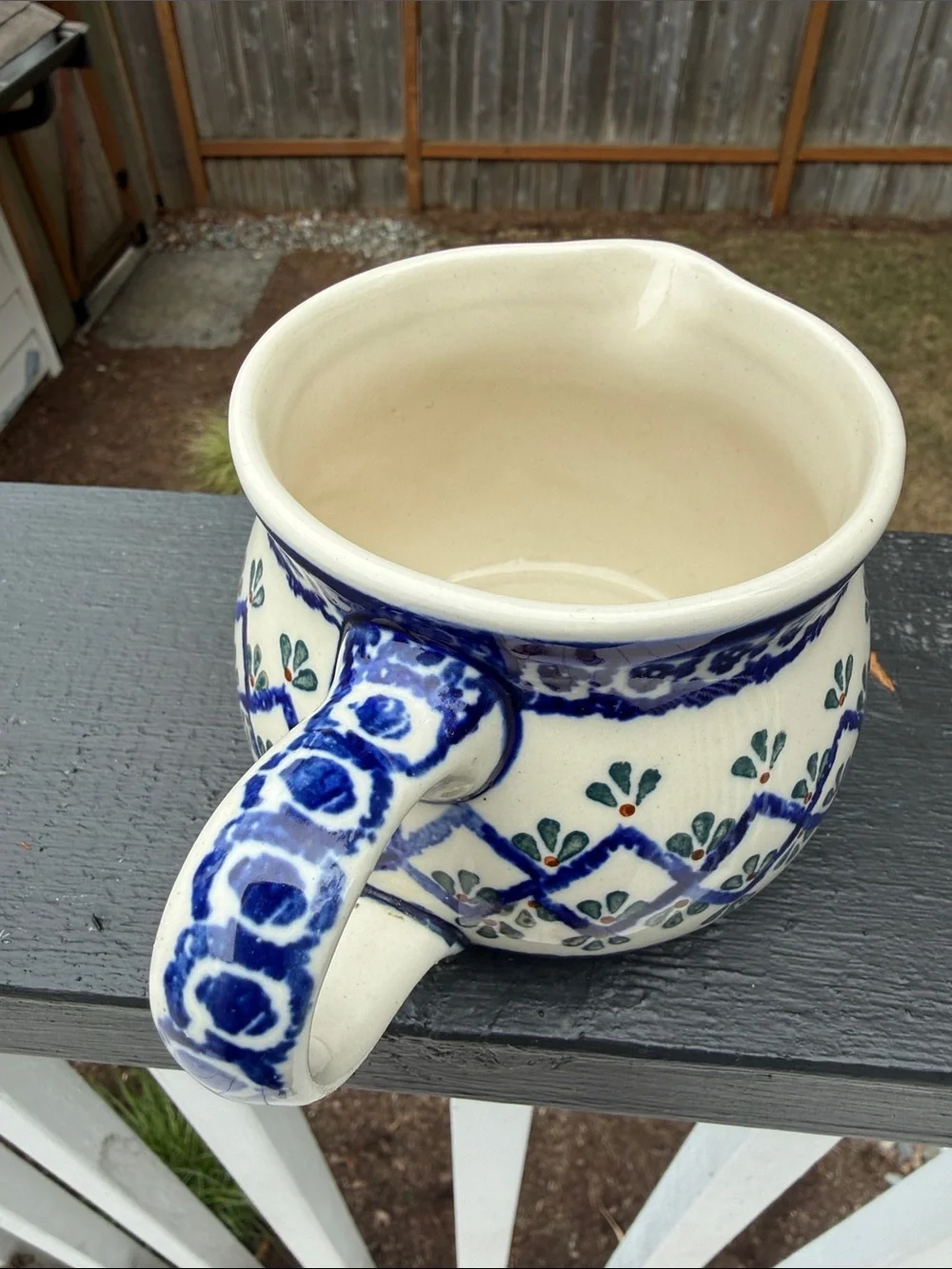 Polish Pottery Hand-Painted Blue and Cream Ceramic Large Mug